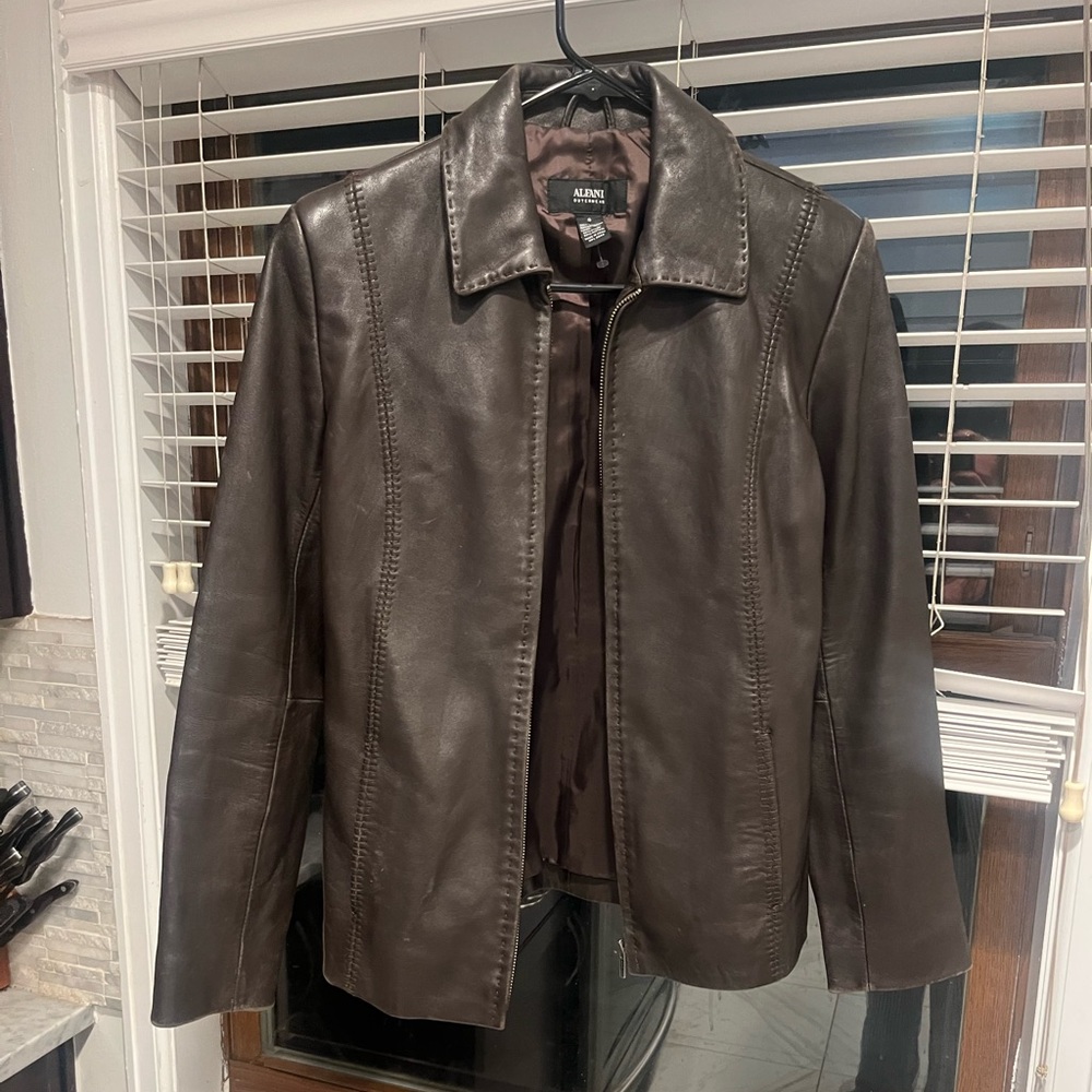 Alfani chocolate brown leather jacket blazer bomber slim fit